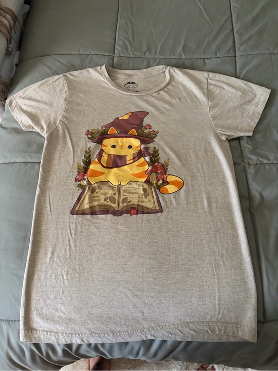 Rihlin Tops - Cream Cat Witch Graphic Tee with Yellow Orange Tabby Art